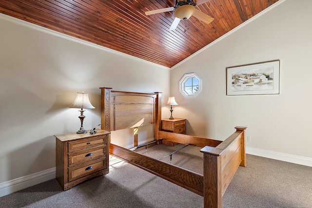 bedroom featuring light carpet, ceiling fan, wooden ceiling, vaulted ceiling, and crown molding