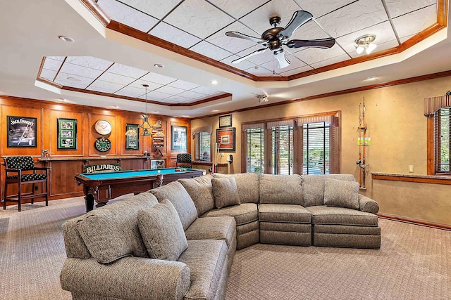 game room featuring ornamental molding, billiards, carpet flooring, and a raised ceiling