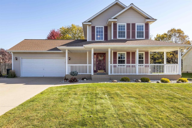 view of front of property with covered porch, a garage, and a front lawn