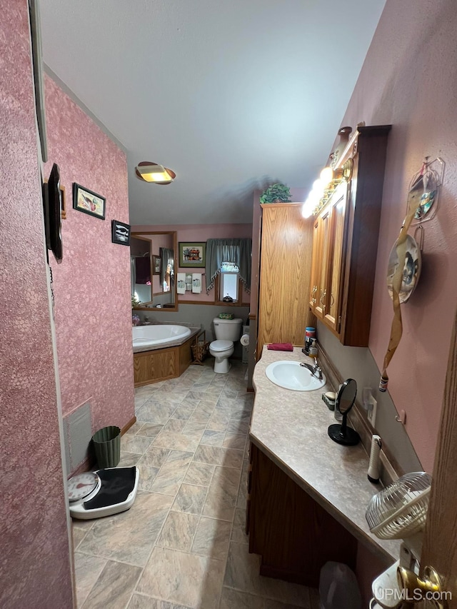 bathroom with a tub to relax in, vanity, a bidet, and toilet