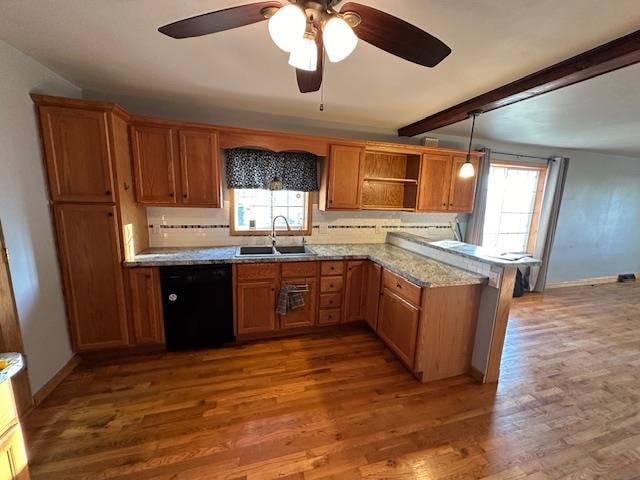 kitchen with hardwood / wood-style flooring, sink, plenty of natural light, and dishwasher