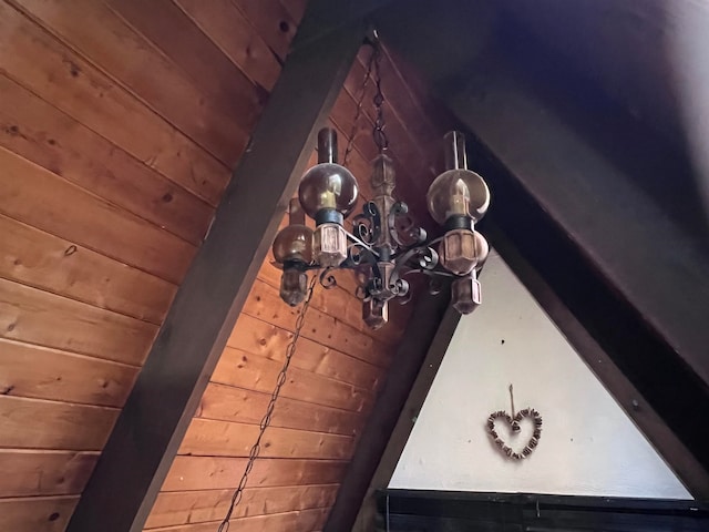 room details featuring wood walls and wooden ceiling