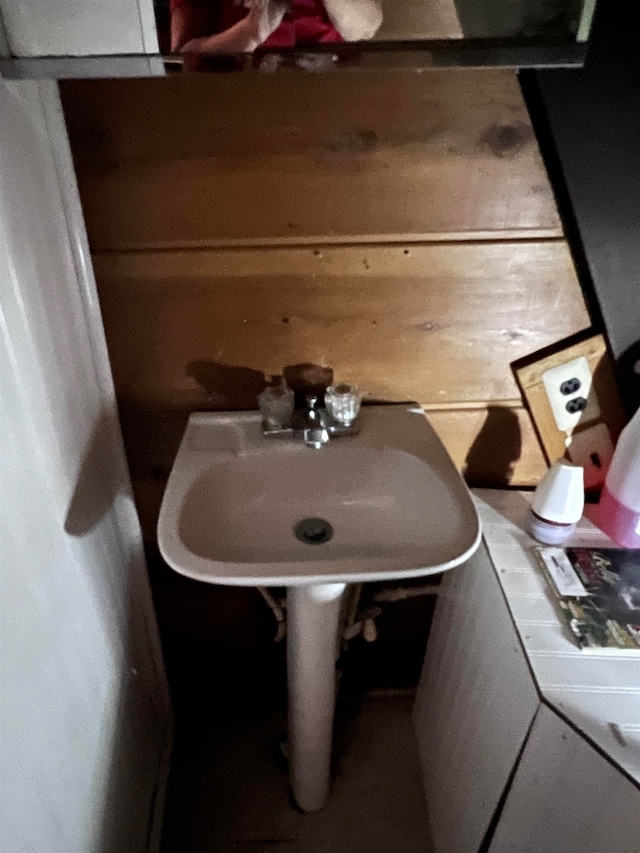 bathroom featuring wood walls and sink