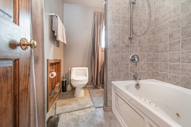 bathroom with shower / tub combo with curtain, toilet, and tile patterned flooring