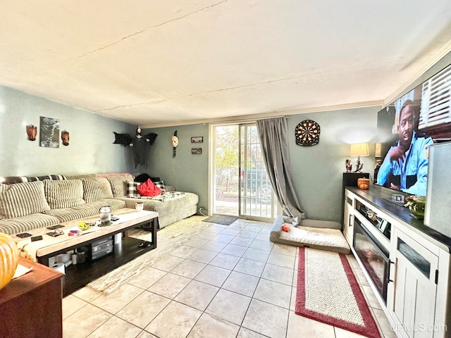 tiled living room featuring crown molding