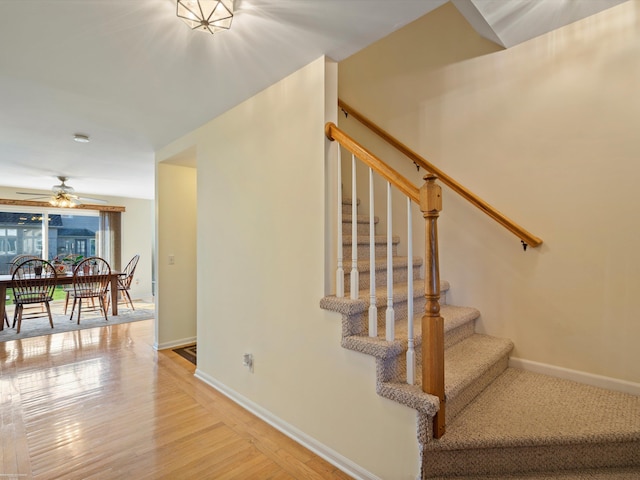 stairs featuring ceiling fan and wood-type flooring