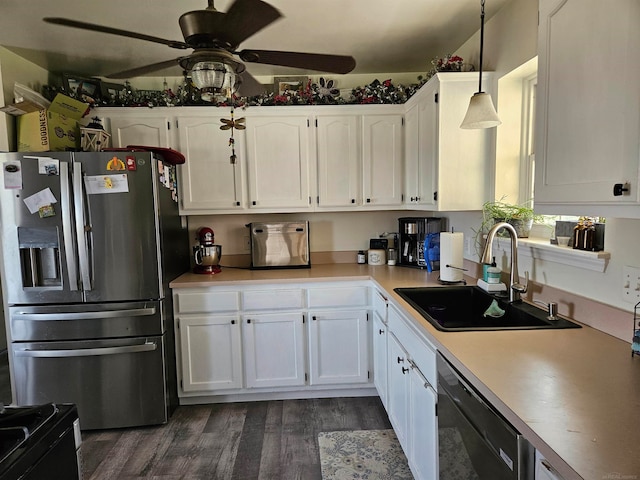 kitchen featuring black dishwasher, dark hardwood / wood-style flooring, hanging light fixtures, white cabinets, and stainless steel fridge with ice dispenser