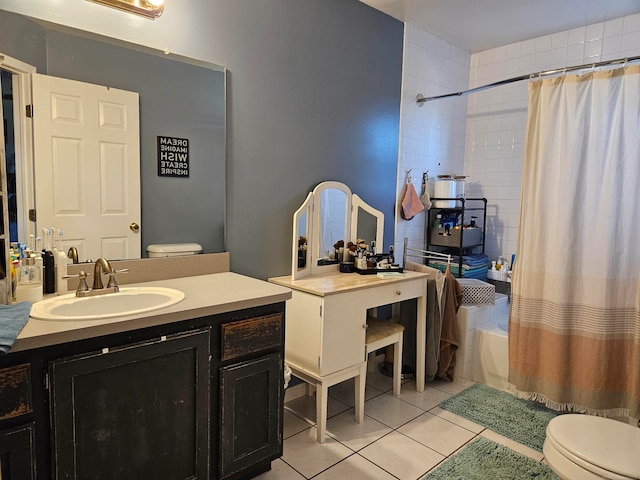 full bathroom with vanity, toilet, shower / tub combo, and tile patterned flooring