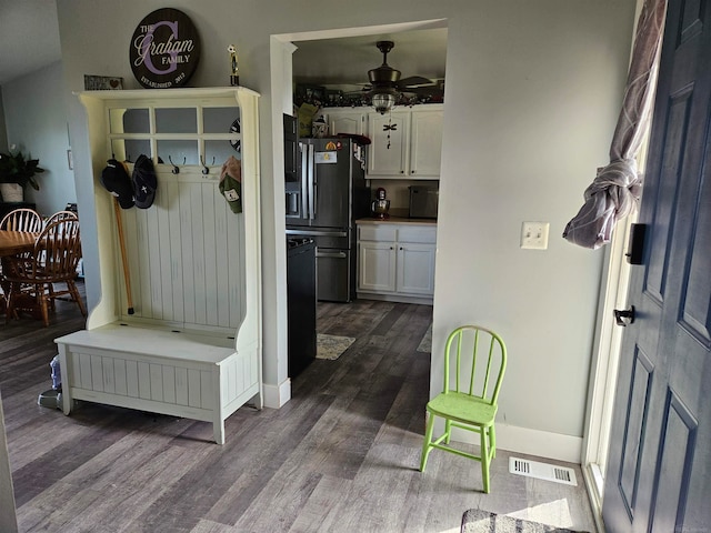 mudroom featuring ceiling fan and dark hardwood / wood-style flooring