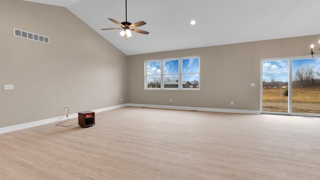 unfurnished room featuring ceiling fan, high vaulted ceiling, and light hardwood / wood-style floors