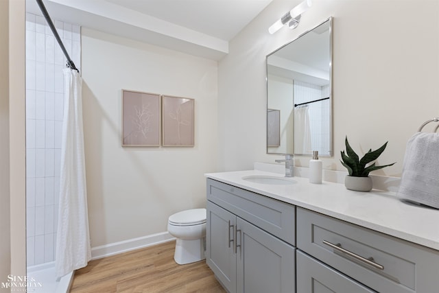 bathroom with vanity, toilet, hardwood / wood-style flooring, and a shower with shower curtain