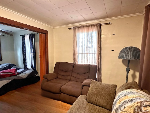 living room featuring ornamental molding and hardwood / wood-style floors