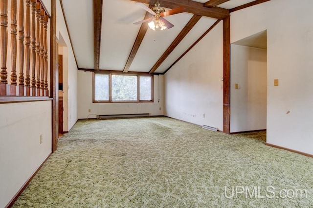 interior space with baseboard heating, beamed ceiling, carpet flooring, high vaulted ceiling, and ceiling fan