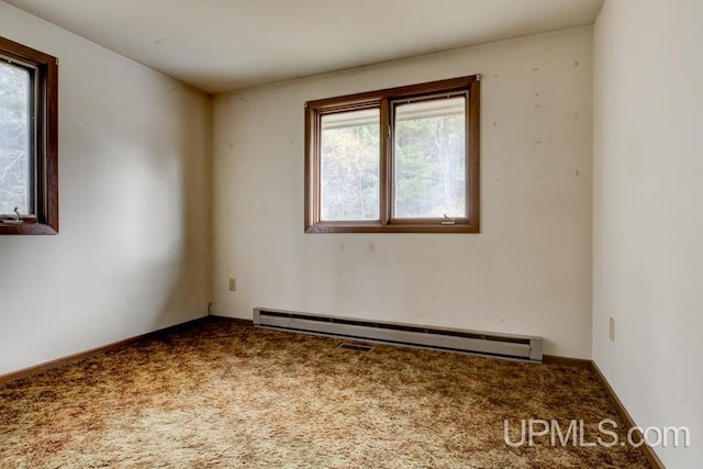 carpeted spare room featuring a baseboard radiator