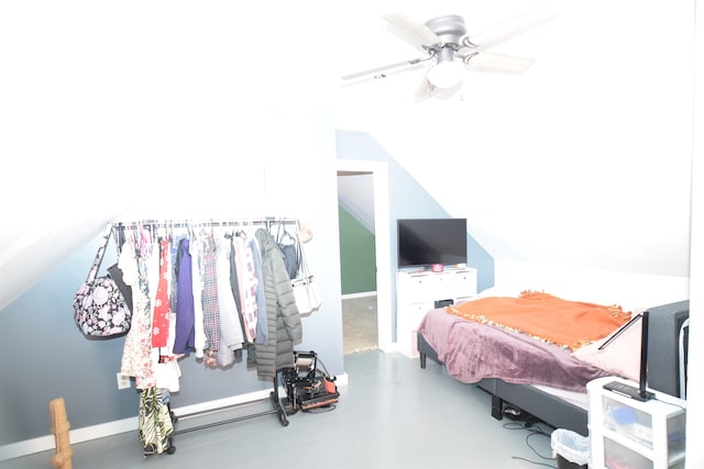 bedroom with ceiling fan and lofted ceiling