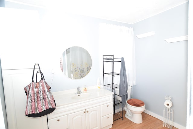 bathroom with toilet, hardwood / wood-style floors, and vanity