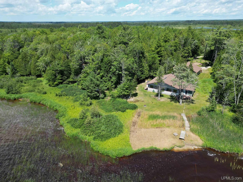 bird's eye view with a water view