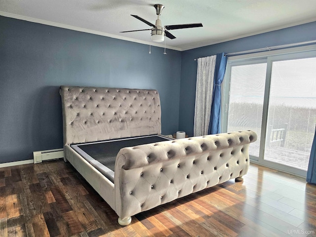 bedroom with ornamental molding, access to outside, ceiling fan, wood-type flooring, and a baseboard radiator