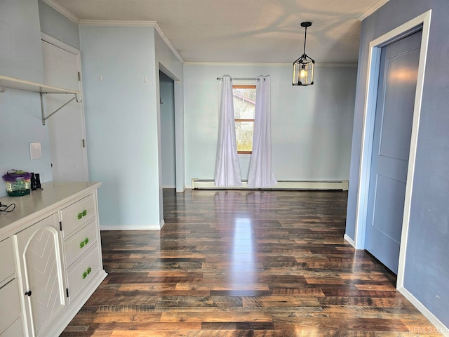 unfurnished dining area with a baseboard radiator, dark hardwood / wood-style floors, and ornamental molding