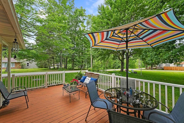 wooden deck with a lawn