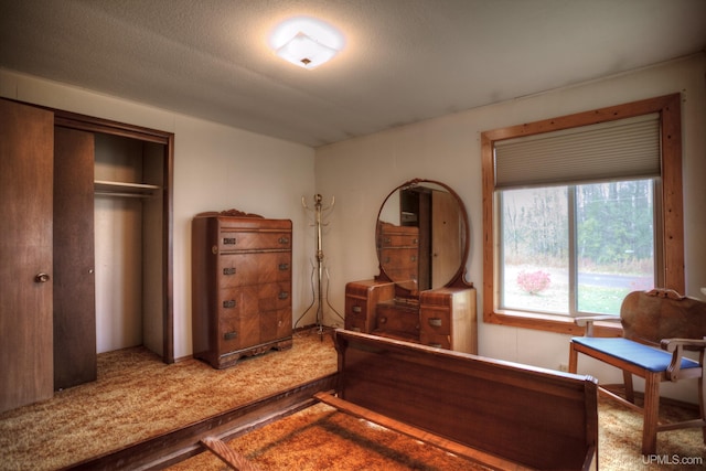 bedroom with a textured ceiling, a closet, and carpet floors