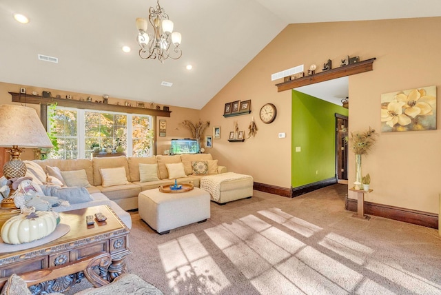 living room with lofted ceiling, light colored carpet, and a notable chandelier