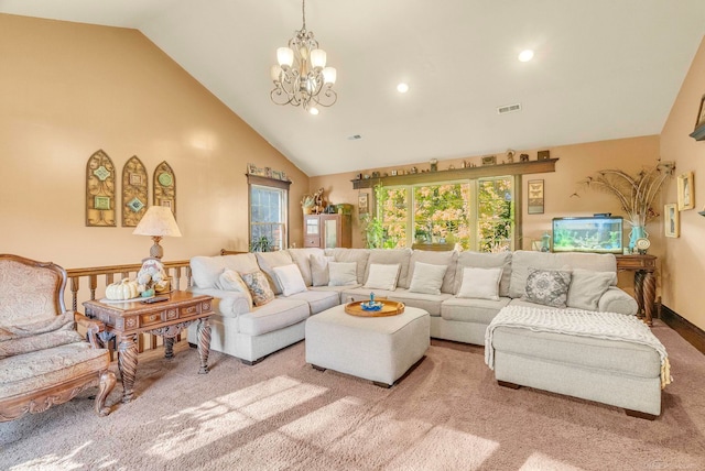 living room with a chandelier, light carpet, and high vaulted ceiling