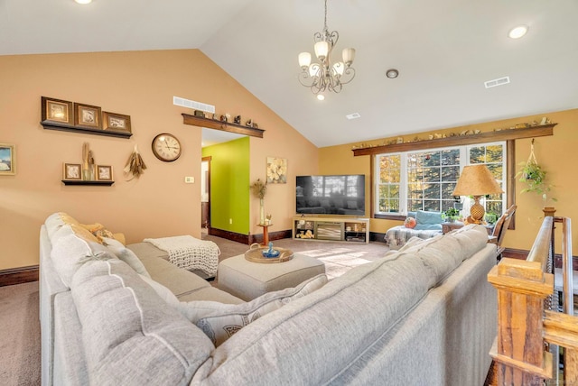 living room with lofted ceiling, a chandelier, and carpet flooring