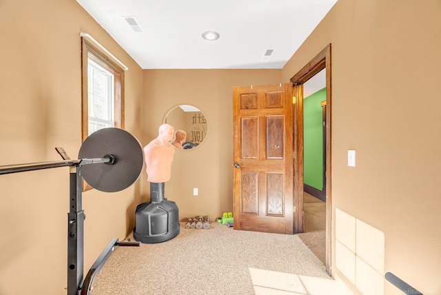 workout area featuring carpet