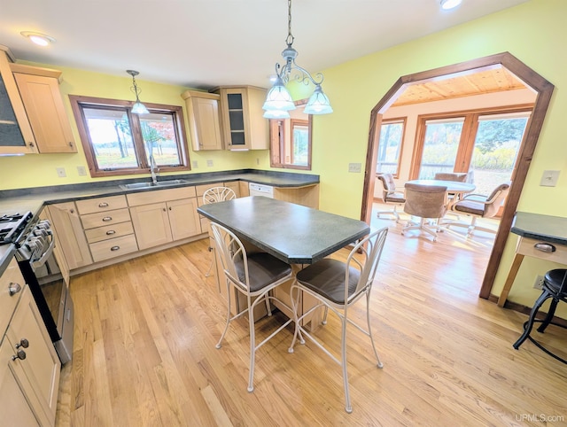 kitchen with stainless steel gas range, sink, hanging light fixtures, and light wood-type flooring