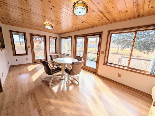 dining space featuring a healthy amount of sunlight, wooden ceiling, and light wood-type flooring