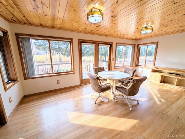dining space with plenty of natural light, wooden ceiling, light wood finished floors, and baseboards
