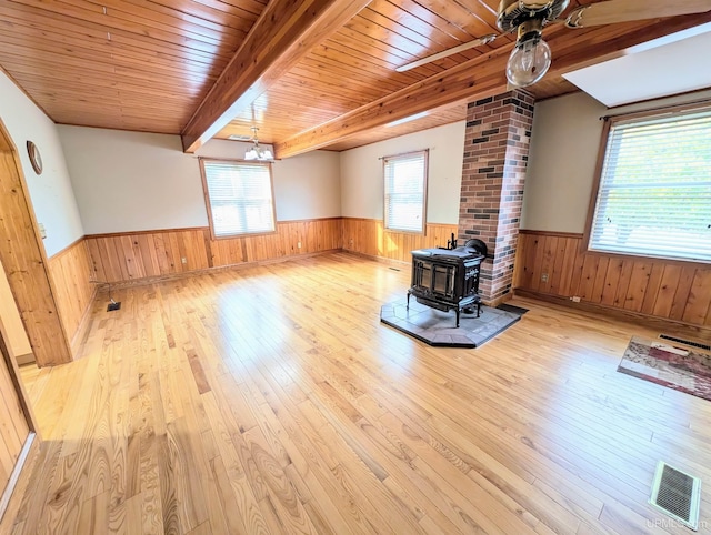 unfurnished living room featuring a wood stove, wainscoting, hardwood / wood-style flooring, wood ceiling, and healthy amount of natural light