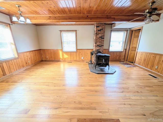 unfurnished living room featuring a wood stove, light wood-style floors, healthy amount of natural light, wainscoting, and wood ceiling