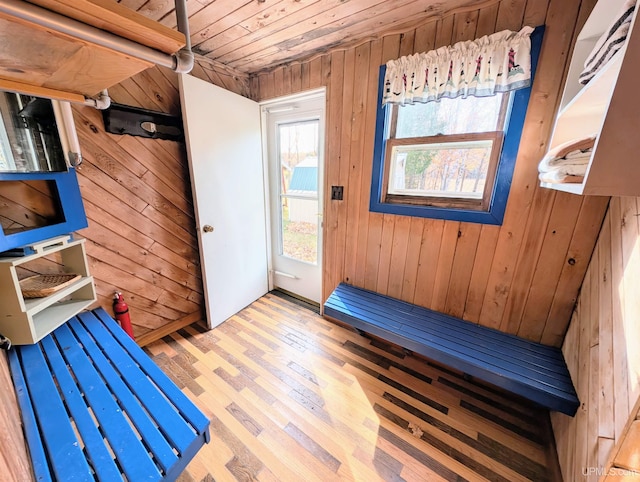 interior space featuring wood ceiling, light hardwood / wood-style floors, and wood walls