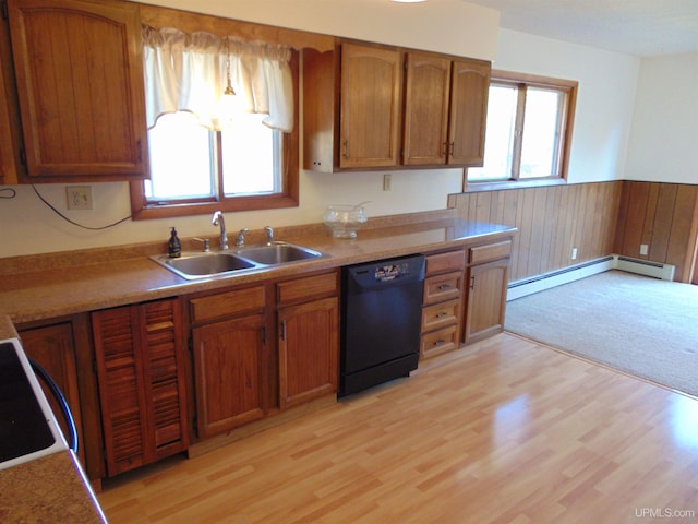 kitchen featuring light hardwood / wood-style flooring, dishwasher, sink, and plenty of natural light