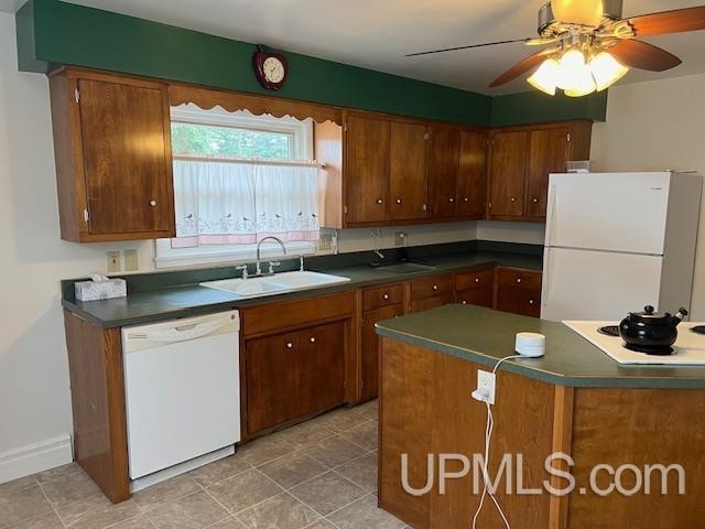 kitchen featuring ceiling fan, sink, light tile patterned floors, and white appliances