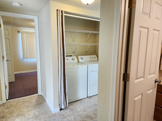 washroom with independent washer and dryer and light colored carpet