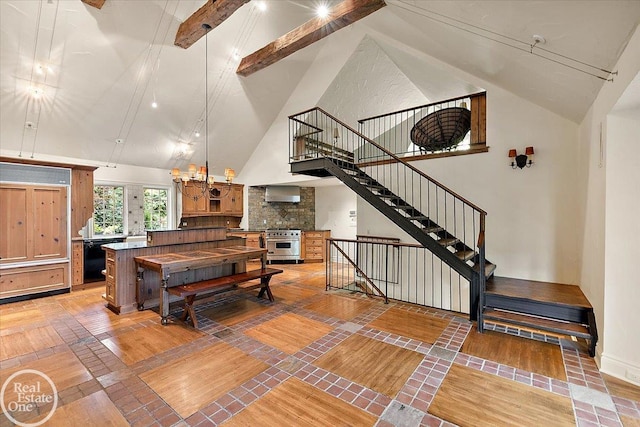 rec room with high vaulted ceiling, beam ceiling, a notable chandelier, and tile patterned flooring