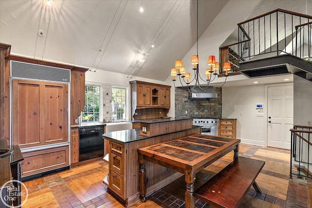 kitchen with exhaust hood, stainless steel range, backsplash, dishwasher, and a chandelier