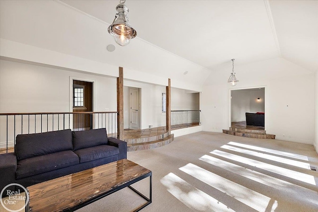 living room featuring lofted ceiling and light colored carpet