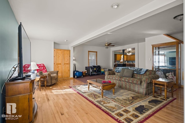 living room with hardwood / wood-style flooring and ceiling fan