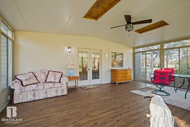 sunroom / solarium featuring french doors, lofted ceiling, and ceiling fan