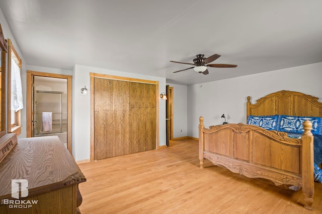 bedroom featuring light hardwood / wood-style flooring, a closet, and ceiling fan