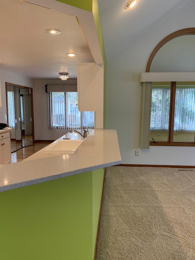 kitchen with white cabinetry and carpet flooring