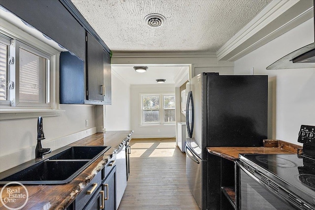 kitchen with electric range oven, sink, butcher block countertops, and ornamental molding