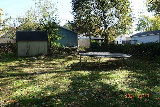 view of yard with a shed and a trampoline