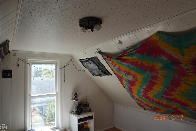 bonus room featuring lofted ceiling and wooden walls