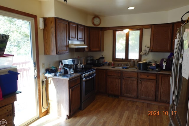 kitchen with appliances with stainless steel finishes, hardwood / wood-style flooring, and sink