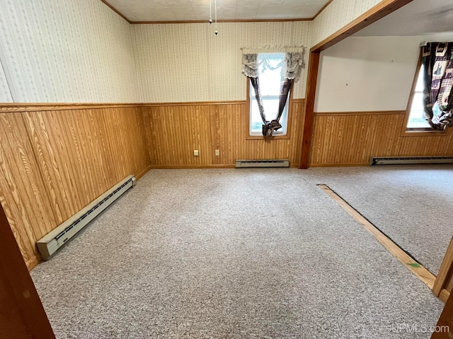 empty room with wood walls, baseboard heating, and carpet floors